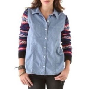 Free People shacket‎ shirt sweater knit sleeve small fair isle chambray